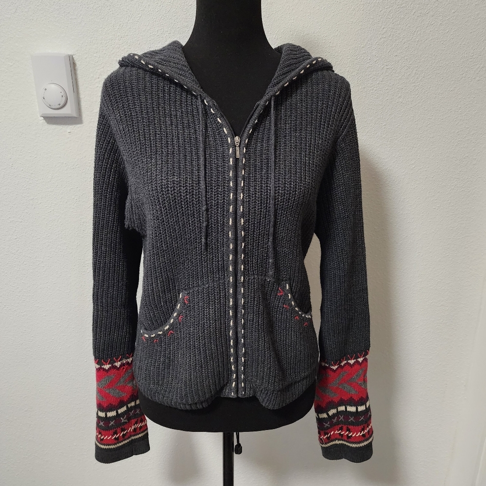 RARE Woolrich Grey Zip Front Hooded Cardigan with Decorative Sleeves